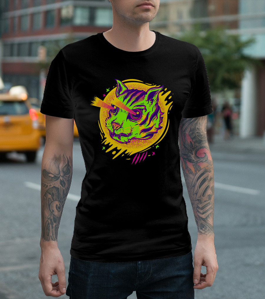Mad Cat With Laser Vision In Neon Psychedelic T-Shirt