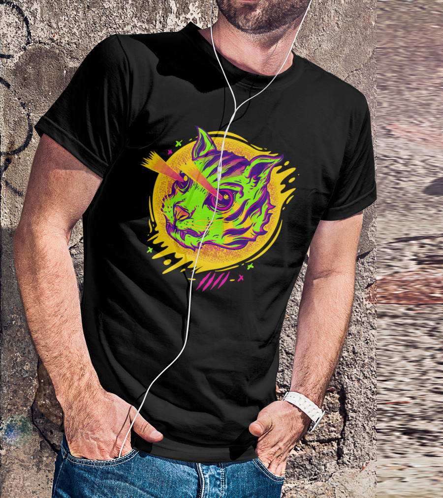 Mad Cat With Laser Vision In Neon Psychedelic T-Shirt
