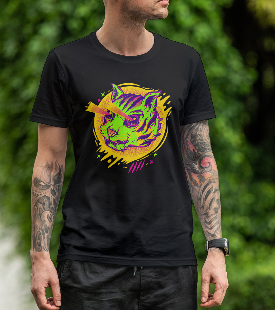 Mad Cat With Laser Vision In Neon Psychedelic T-Shirt