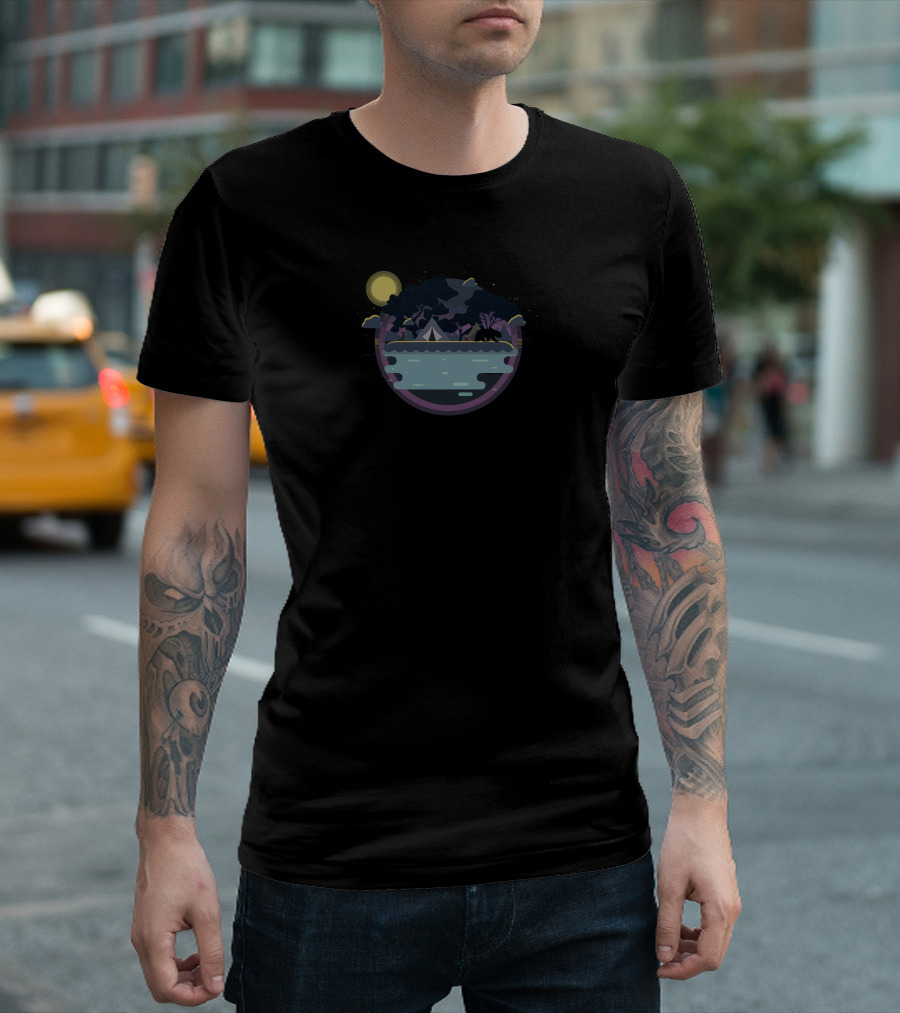 Night Camping Lake and Forest Under Moonlight T-Shirt