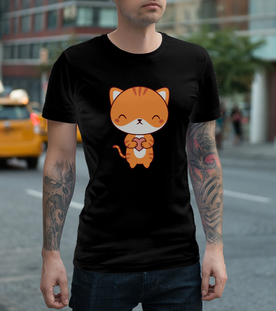 Orange Kawaii Cute Kitten Cat Holding Heart T-Shirt
