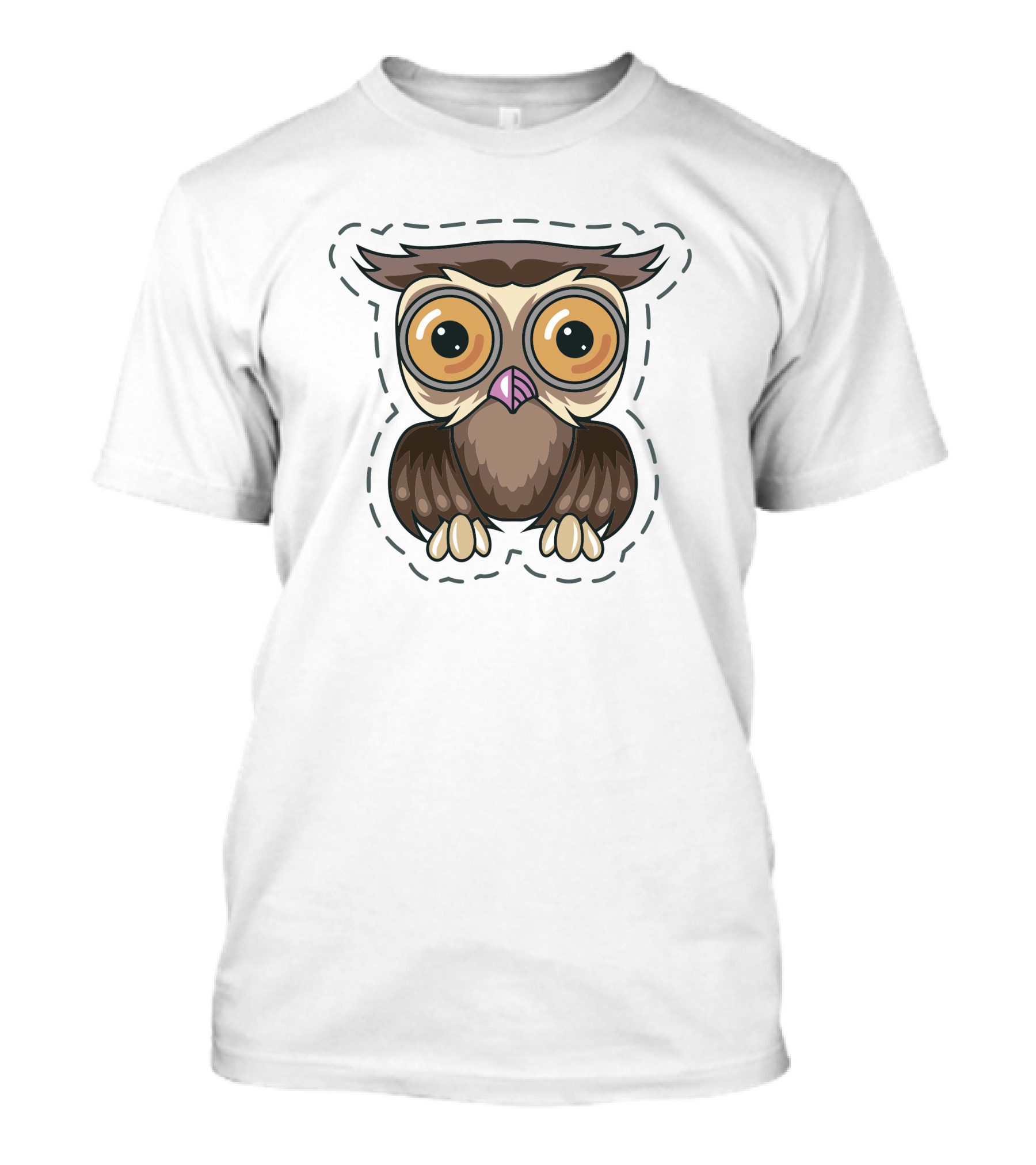 Owl Patchwork Cartoon Eyes Brown White T-Shirt