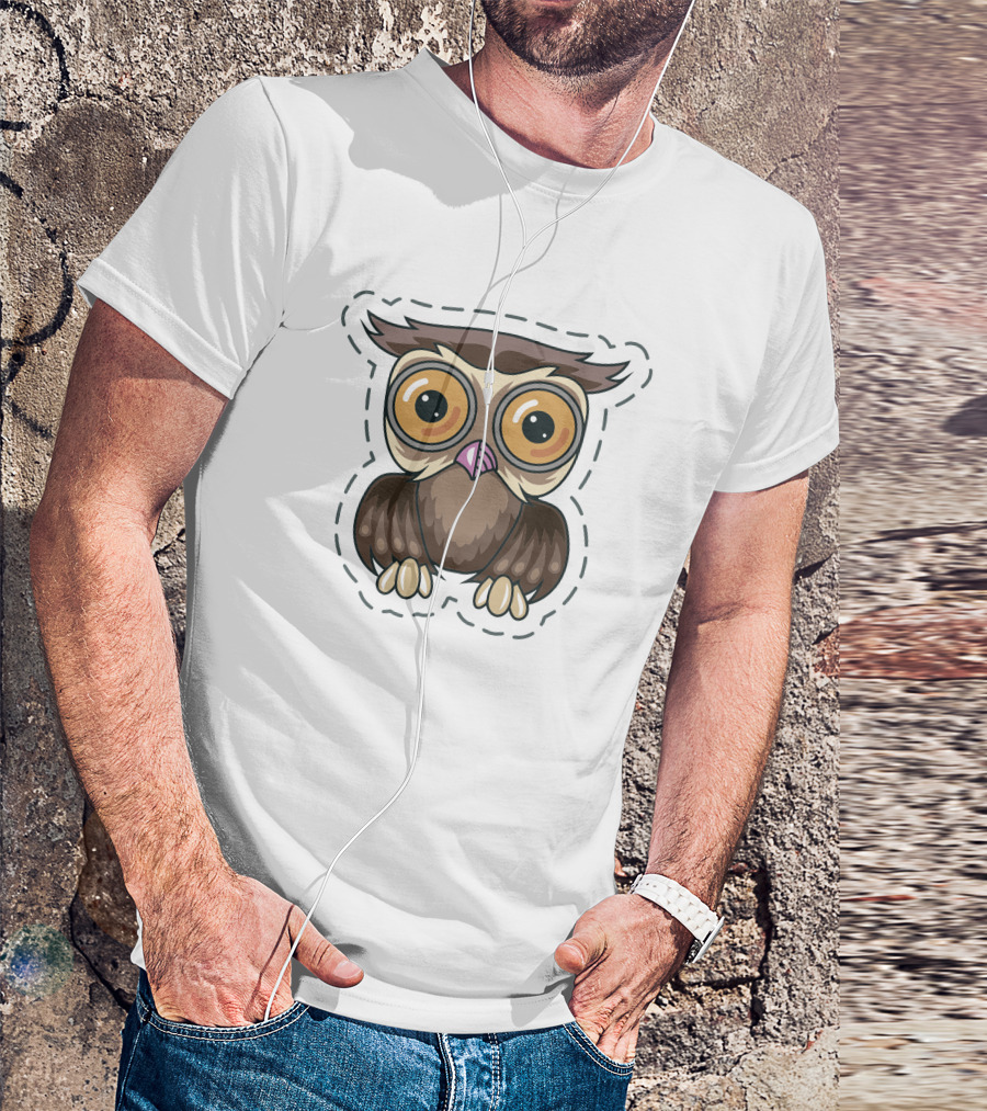 Owl Patchwork Cartoon Eyes Brown White T-Shirt