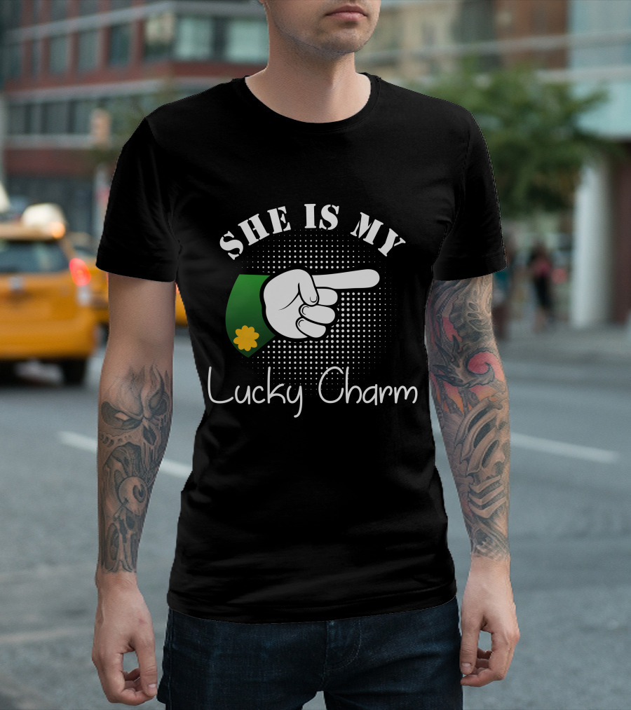 SHE IS MY Lucky Charm Hand Pointing Green Sleeve with Yellow Clover Dot Background T-Shirt