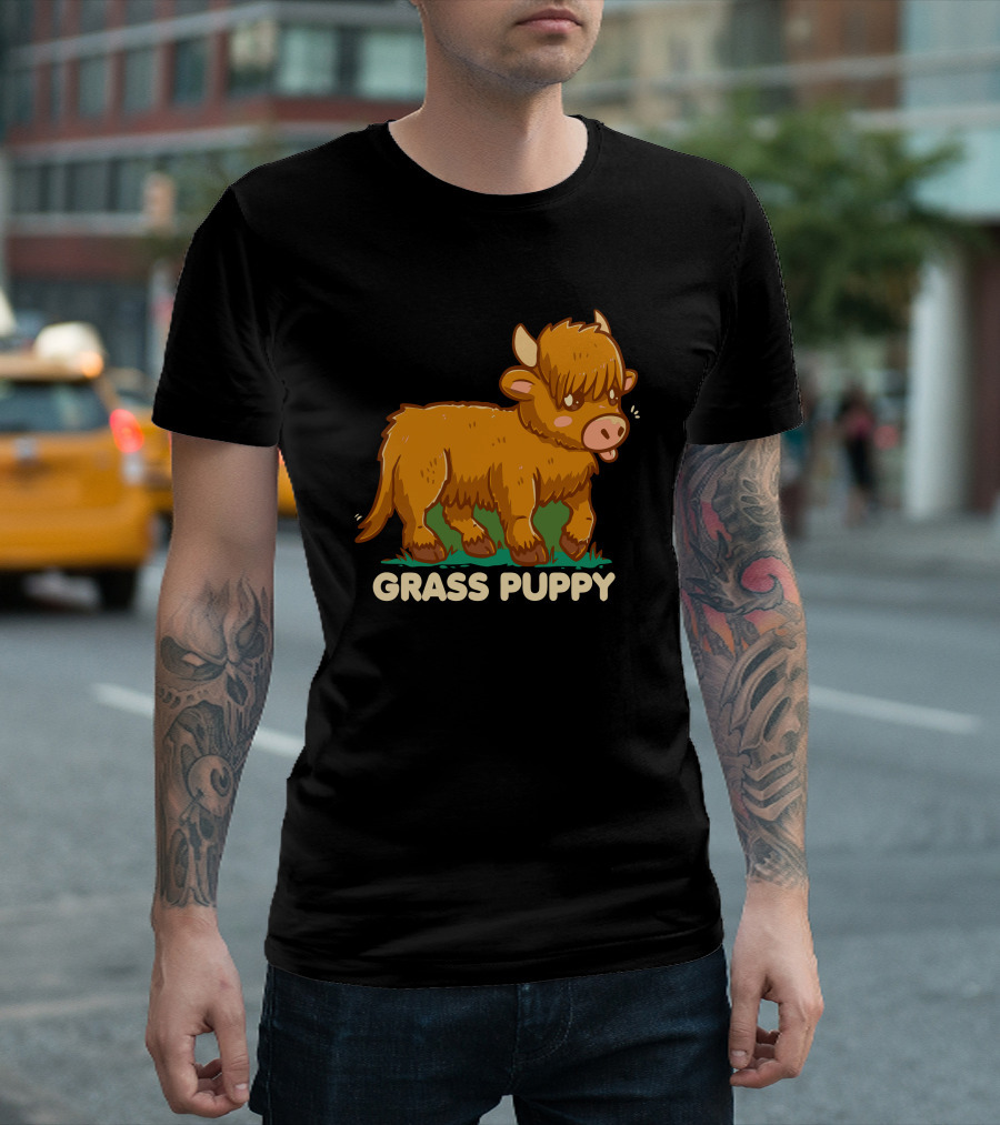 Grass Puppy Highland Cow Cute Cartoon T-Shirt