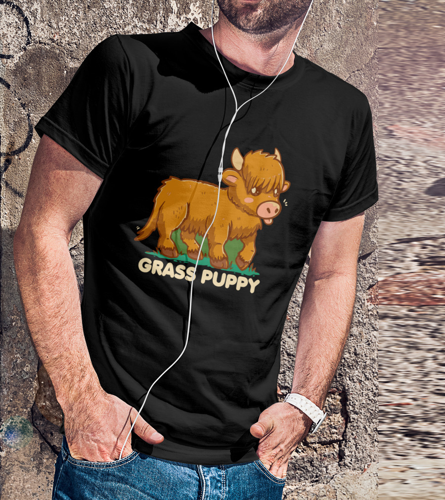 Grass Puppy Highland Cow Cute Cartoon T-Shirt