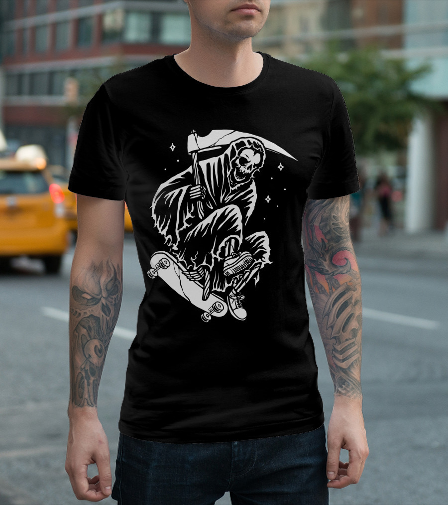 Grim Reaper Skating Skeleton With Scythe T-Shirt