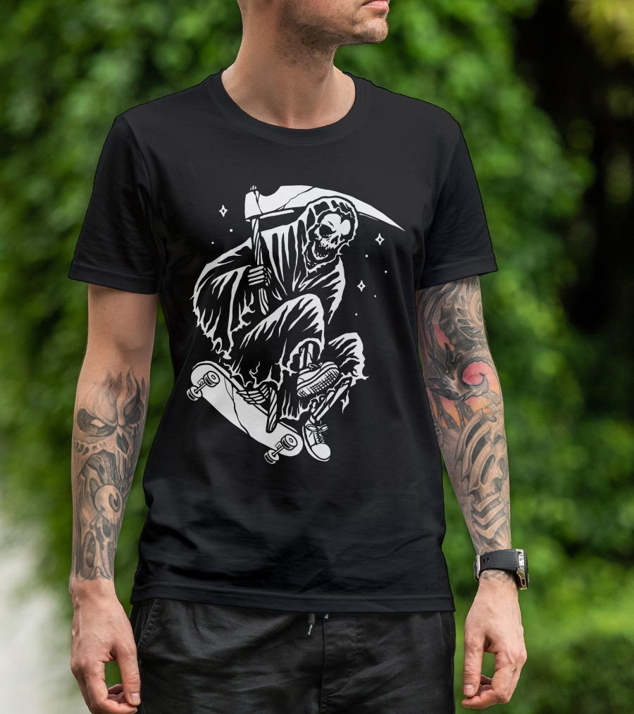 Grim Reaper Skating Skeleton With Scythe T-Shirt