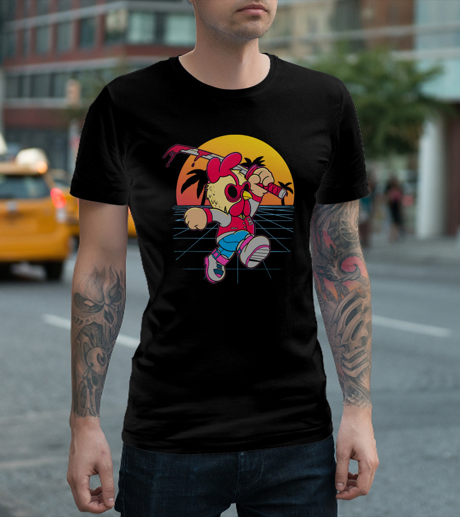 Retro Hotline Miami Chicken with Samurai Sword Gamer Mashup T-Shirt