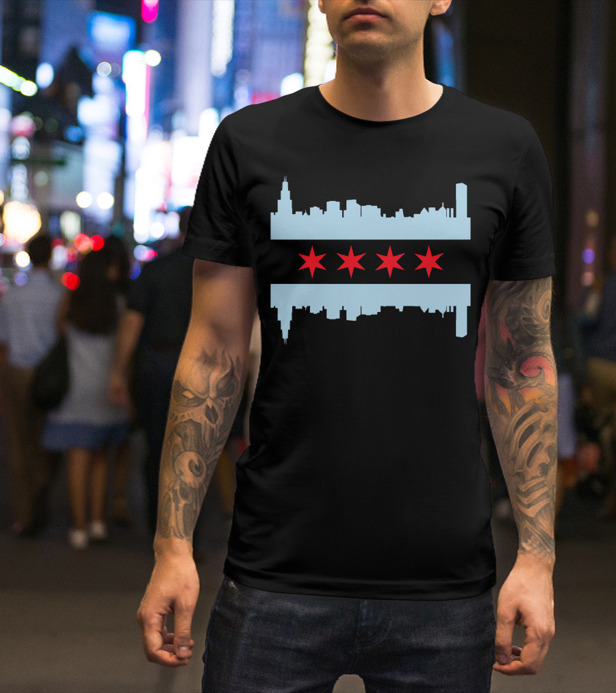 Chicago Skyline Flag With Red Stars T-Shirt