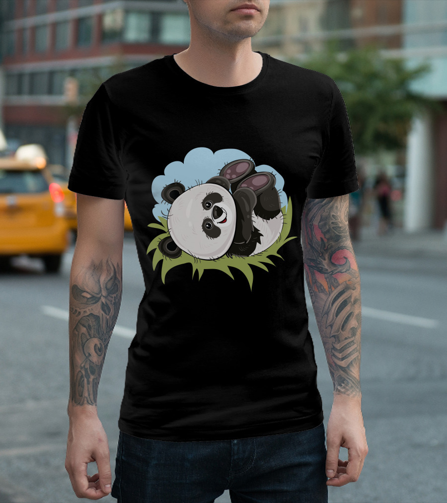 Cool Panda Rolling in Grass Under Blue Sky T-Shirt