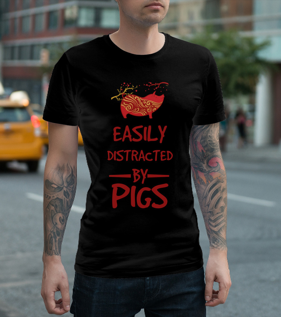 Easily Distracted By Pigs Decorative Pattern and Blossoms T-Shirt