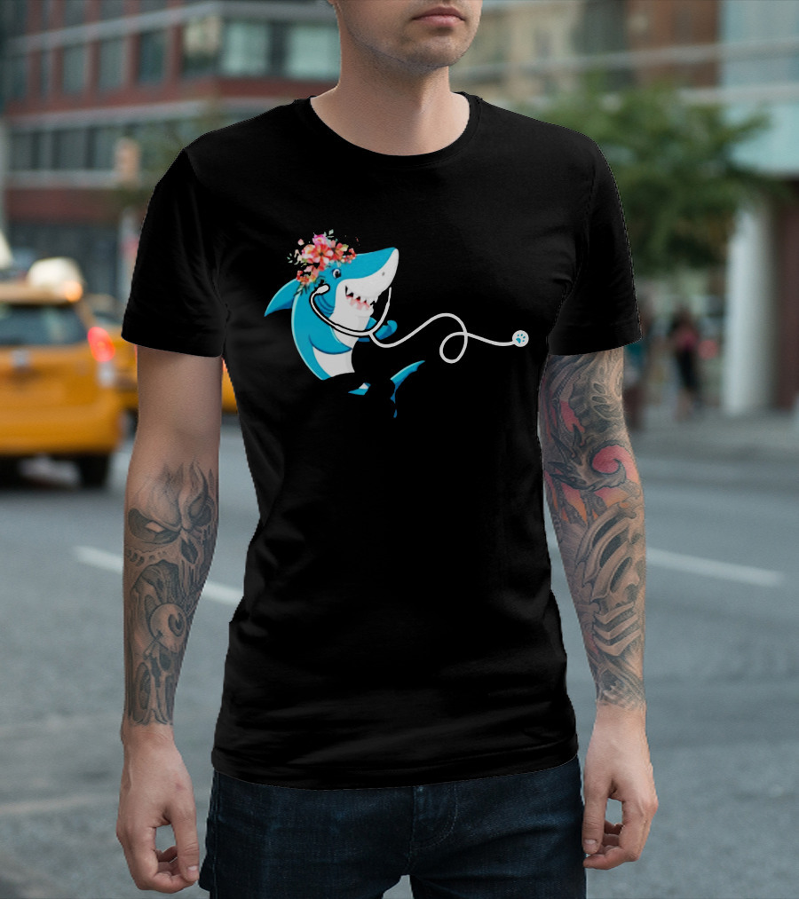Vet Tech Shark Doo Doo Doo Doo with Floral Crown and Stethoscope T-Shirt