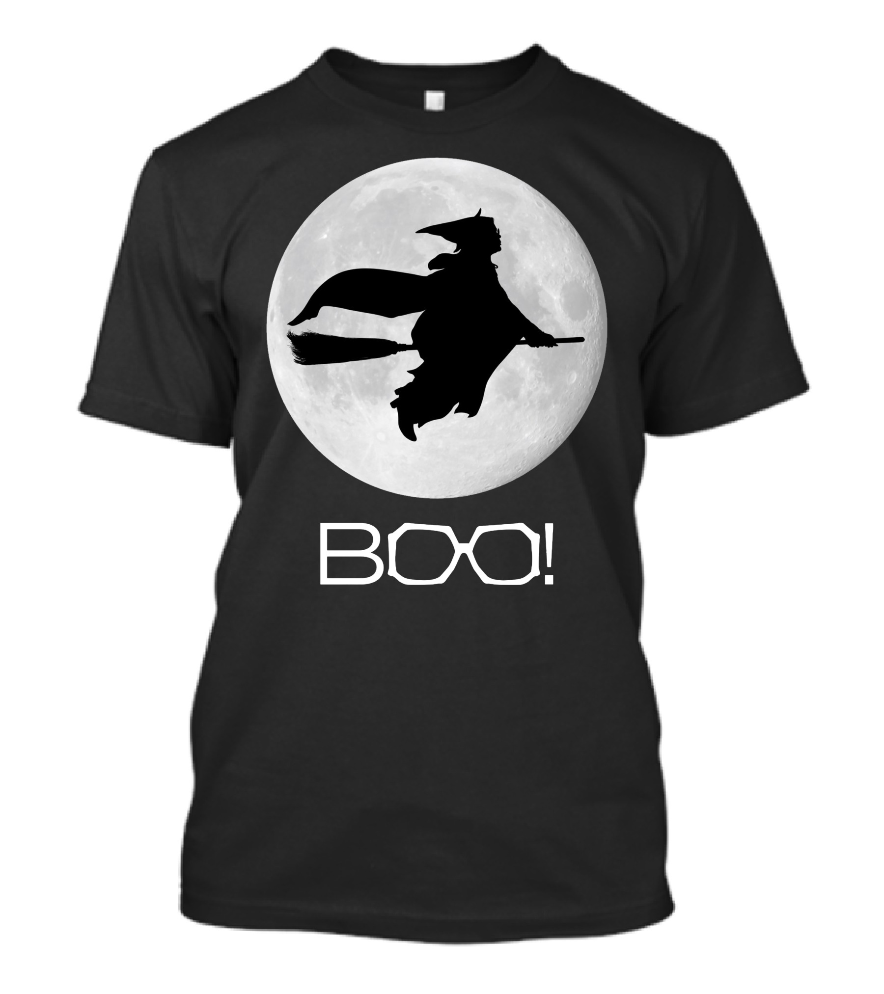 BOO Halloween Witch Silhouette Flying Across Full Moon T-Shirt