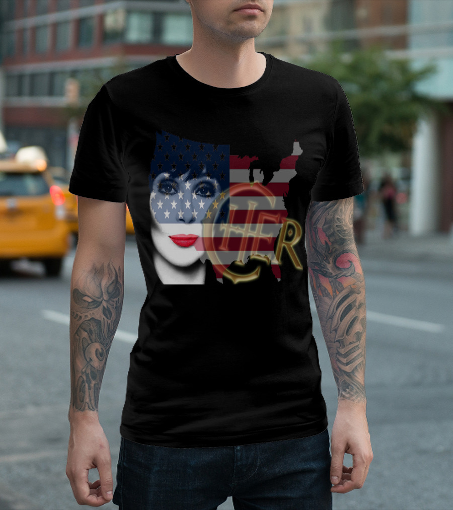 Cher American Flag Face with Map and Bold Name T-Shirt