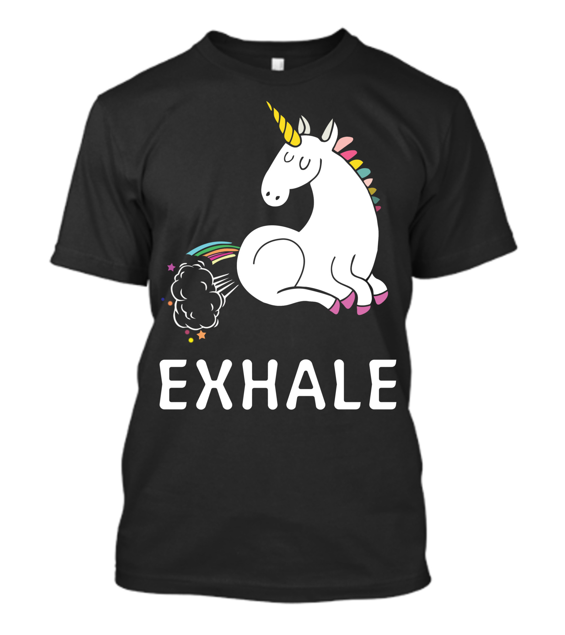 EXHALE Unicorn Rainbow Fart With Stars And Clouds T-Shirt
