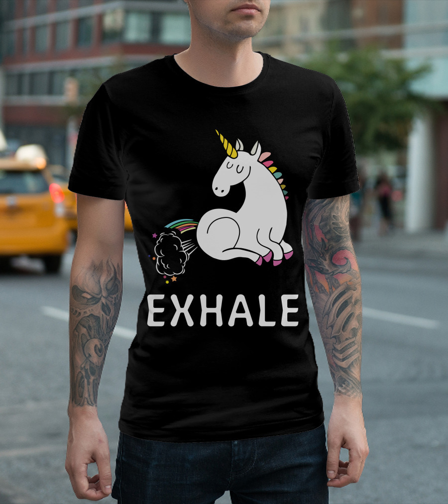 EXHALE Unicorn Rainbow Fart With Stars And Clouds T-Shirt