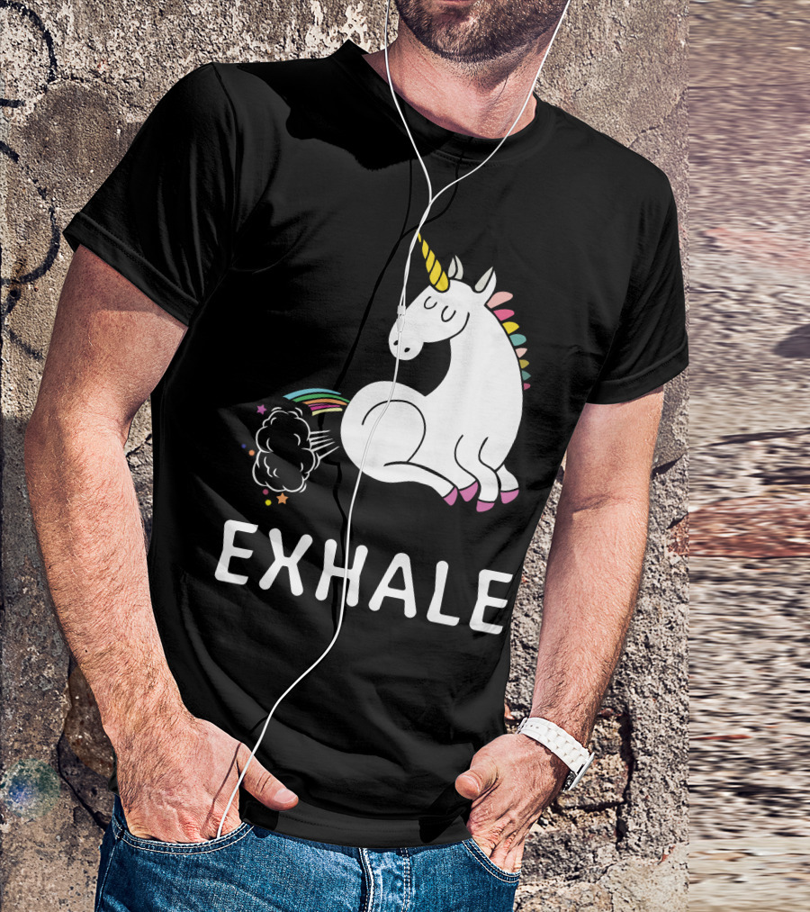 EXHALE Unicorn Rainbow Fart With Stars And Clouds T-Shirt