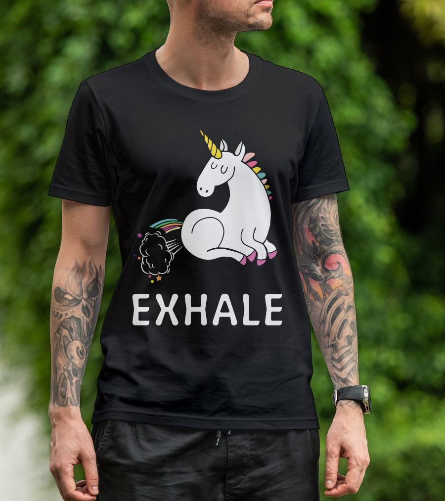 EXHALE Unicorn Rainbow Fart With Stars And Clouds T-Shirt