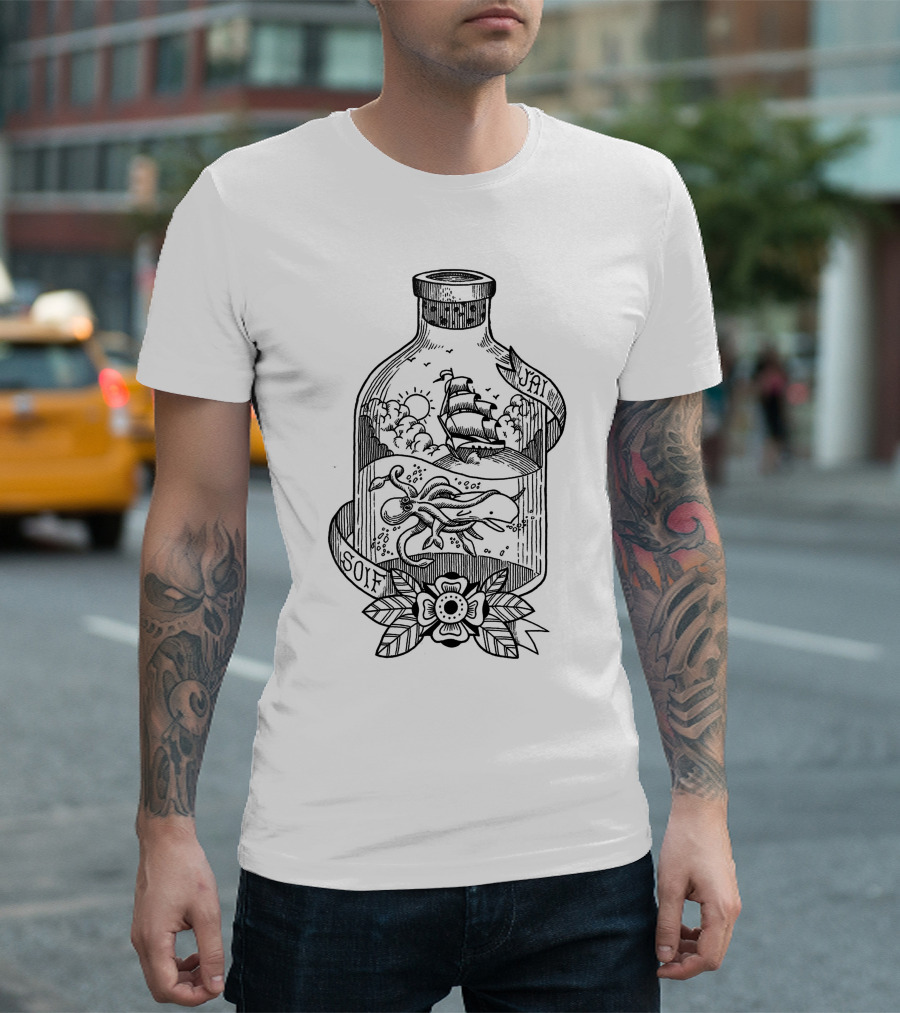J'ai Soif Nautical Ship and Kraken in Bottle T-Shirt