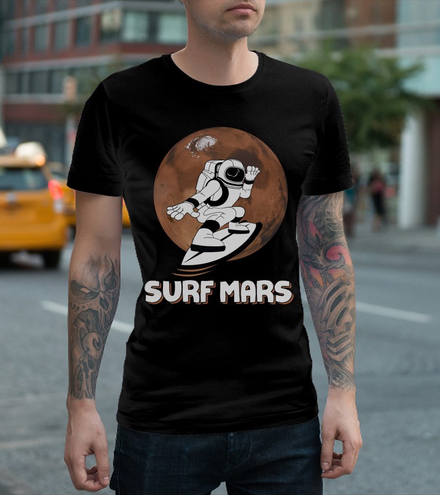 Surf Mars Astronaut Riding Waves On Red Planet T-Shirt