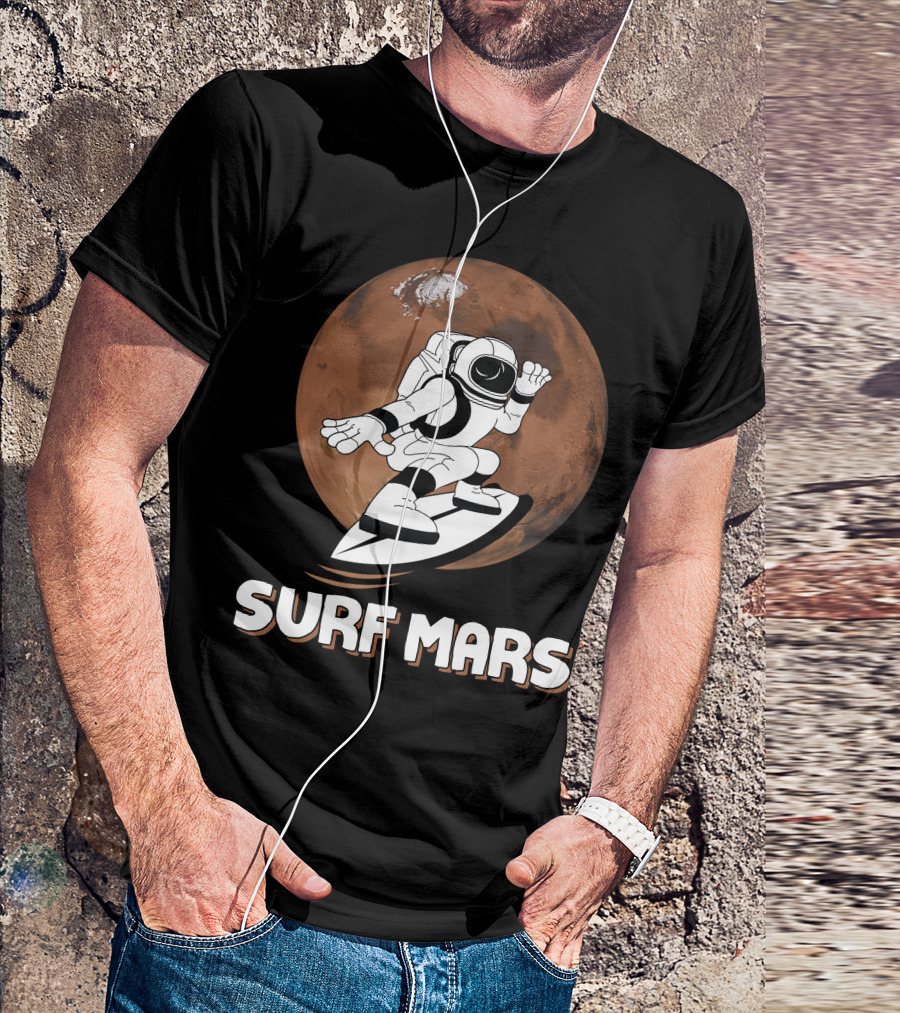 Surf Mars Astronaut Riding Waves On Red Planet T-Shirt