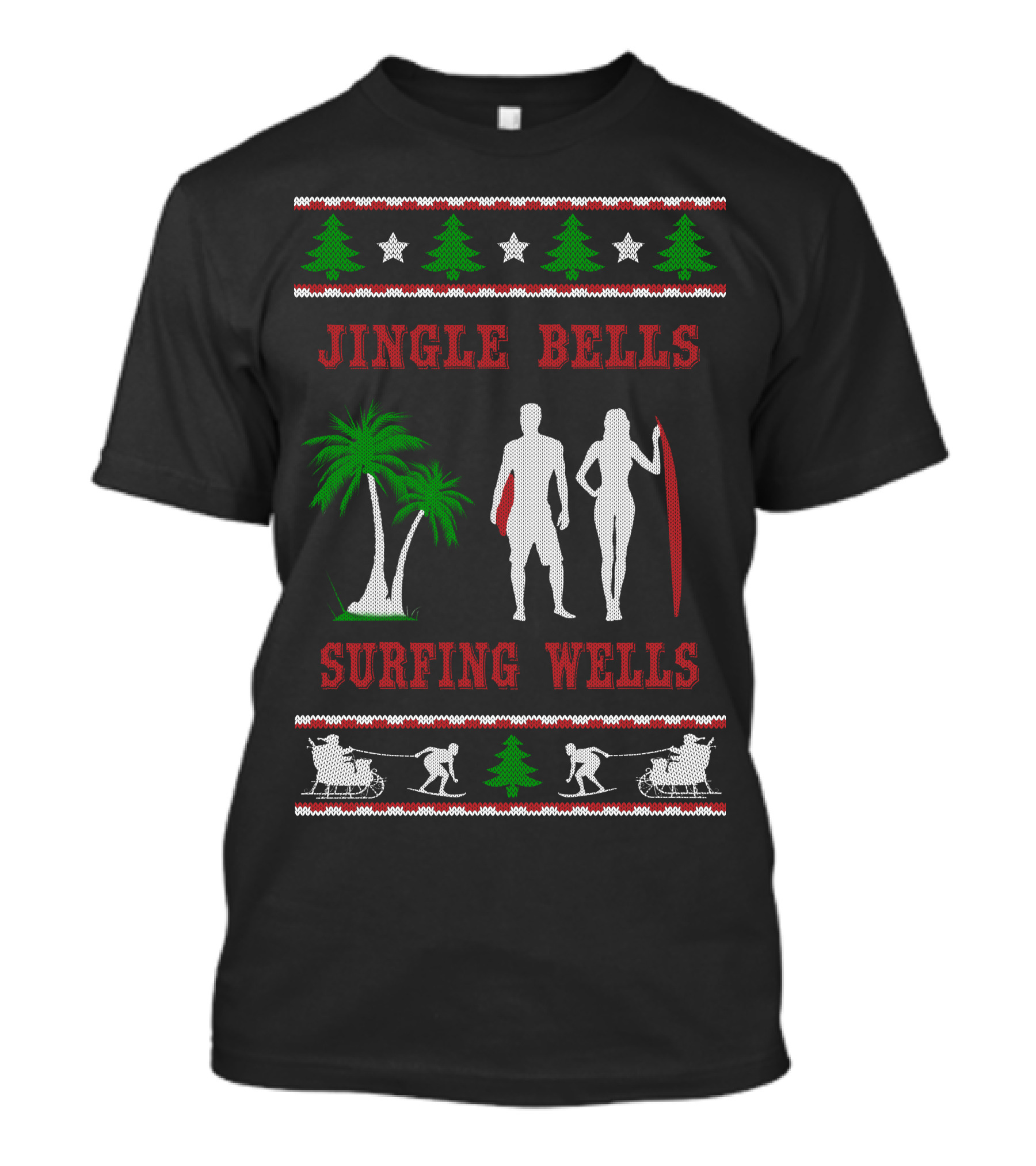 Jingle Bells Surfing Wells Holiday Surfboard Santa Tree T-Shirt