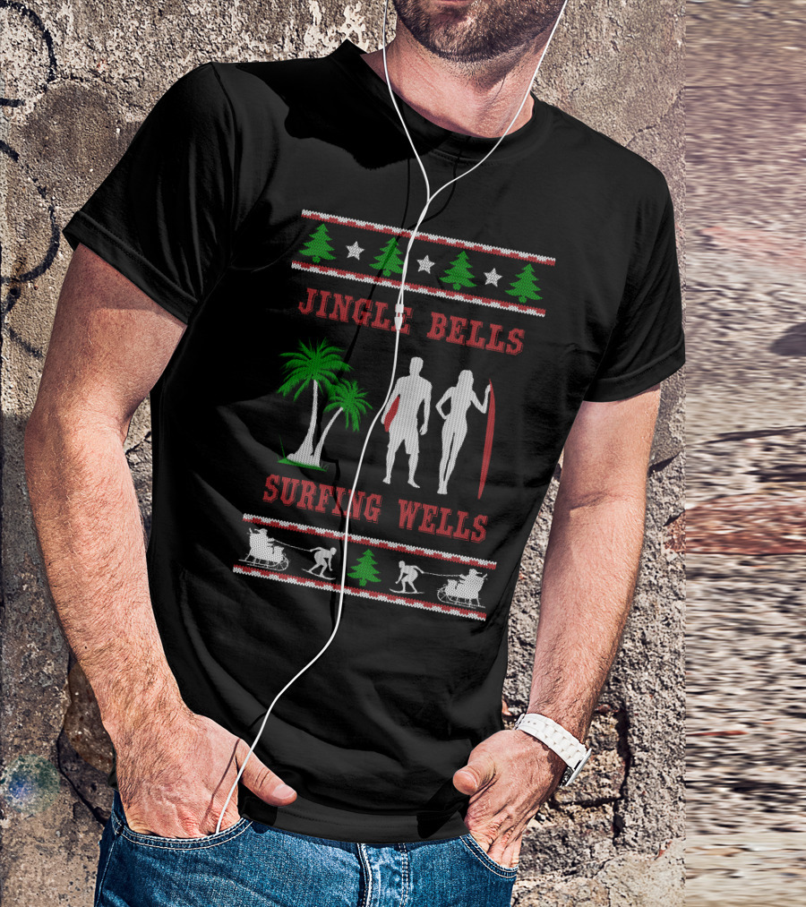 Jingle Bells Surfing Wells Holiday Surfboard Santa Tree T-Shirt