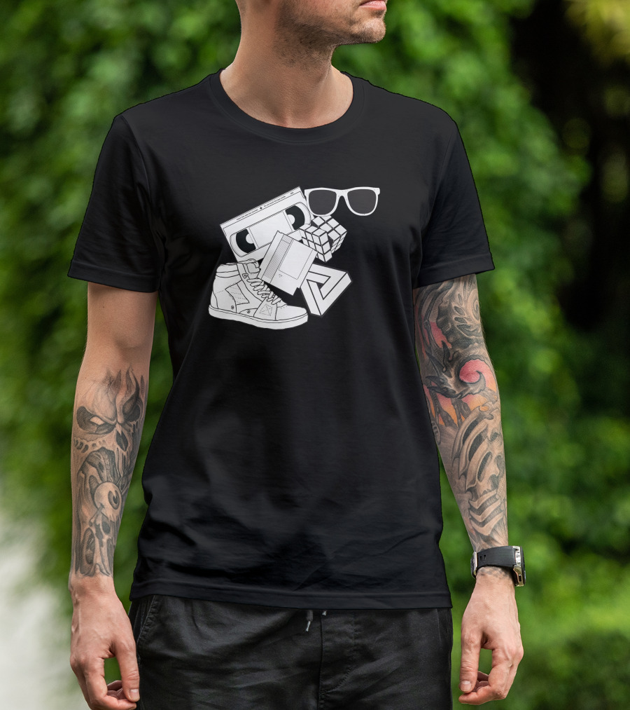Born In The 80s Nostalgia Cassette Rubik's Cube Retro Style Sneaker Sunglasses T-Shirt