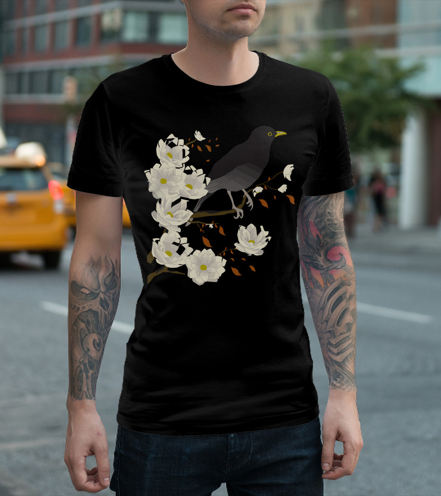 Branch Manager Crow Perched Among Blossoming White Flowers T-Shirt