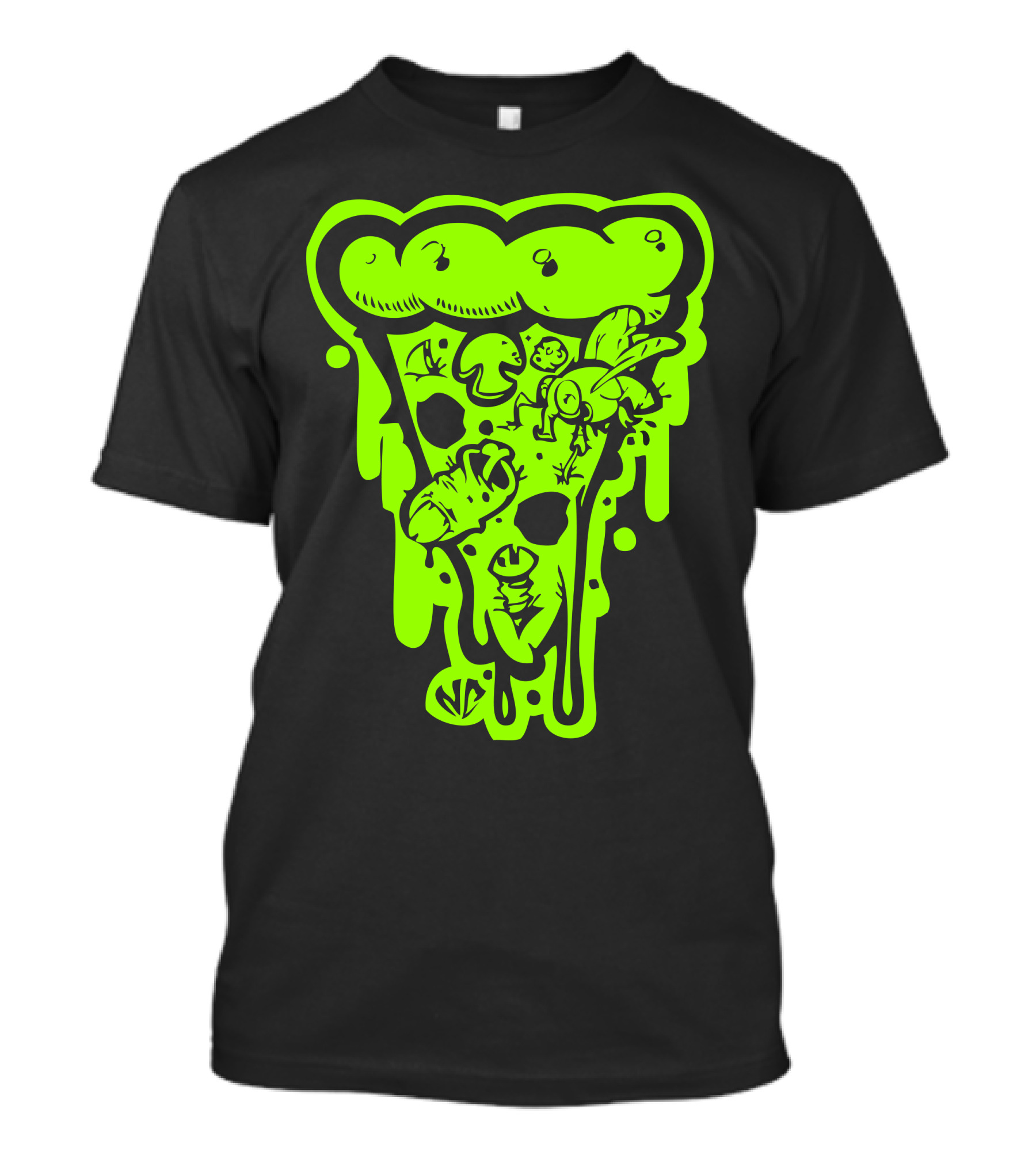 Dirty Pizza Slice With Bugs And Mushrooms Neon Green T-Shirt
