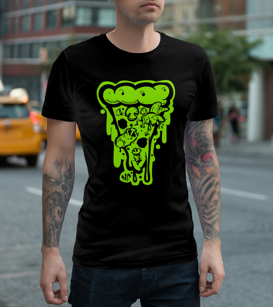 Dirty Pizza Slice With Bugs And Mushrooms Neon Green T-Shirt
