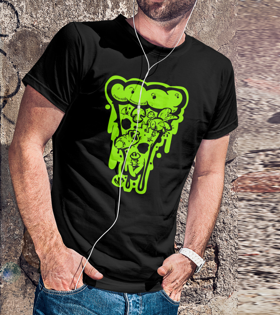 Dirty Pizza Slice With Bugs And Mushrooms Neon Green T-Shirt