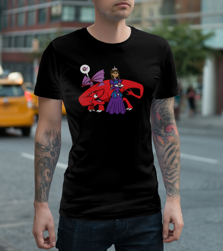 Dragons Heart Cupcakes Fantasy Princess And Red Dragon With Speech Bubble T-Shirt