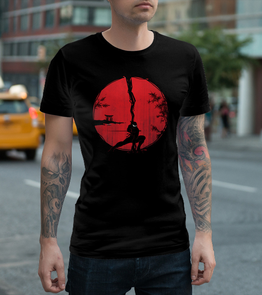 Red Ninja Japan Silhouette Bamboo Circle T-Shirt