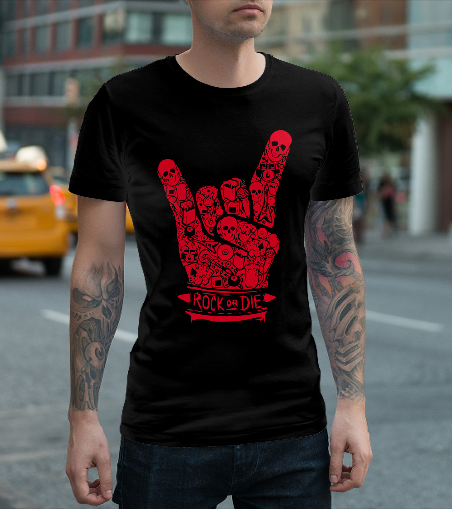 Rock Or Die Skulls and Symbols Hand Gesture Emblem T-Shirt