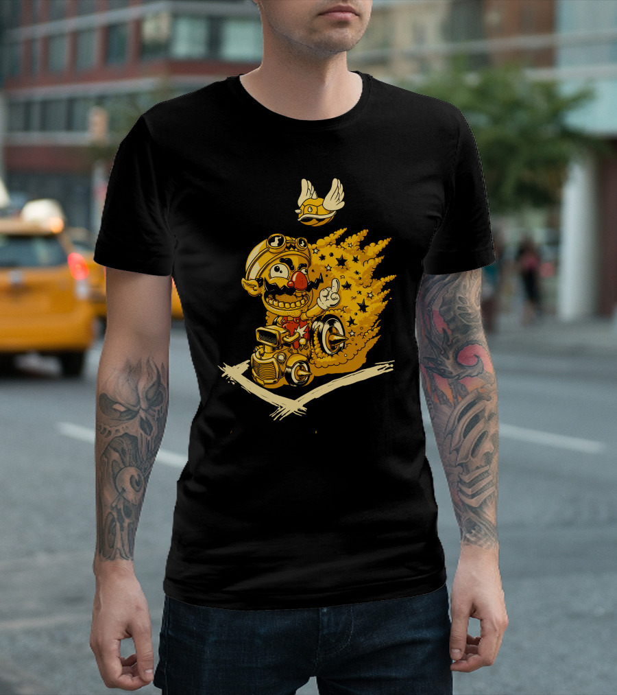 Super Wario Bird Mario Kart Flying Shell Explosion Stars T-Shirt