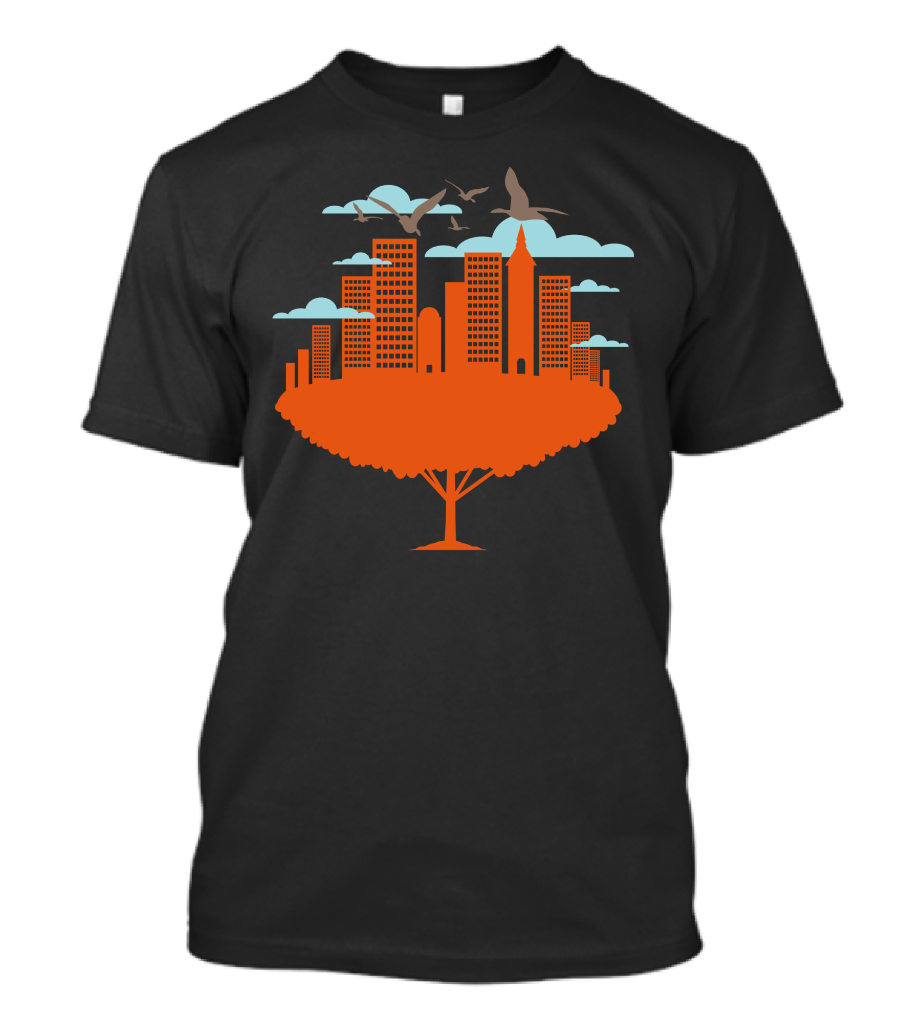 Tree City Skyline With Birds And Buildings T-Shirt
