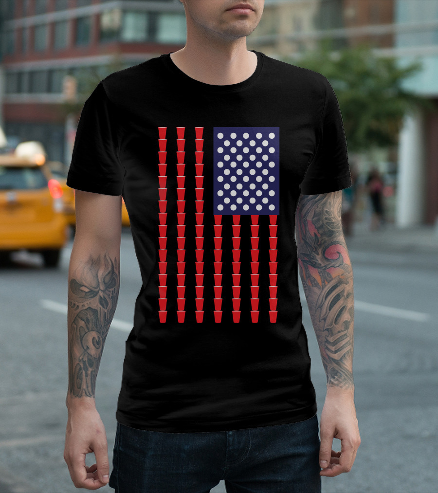 Beer Pong American Flag Red Cups Blue Stars T-Shirt