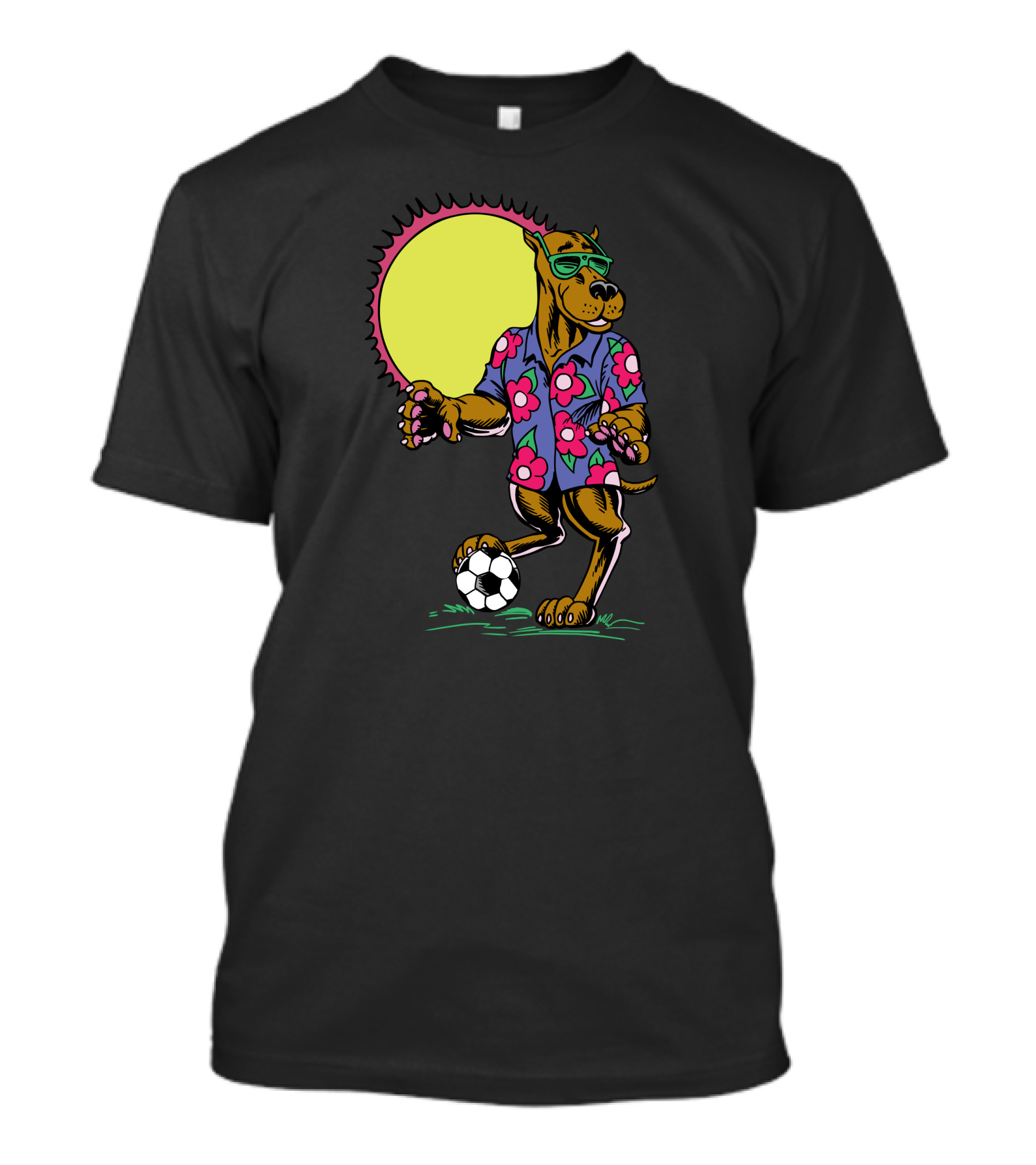 Football Dog In Hawaiian Shirt With Sunglasses And Soccer Ball T-Shirt