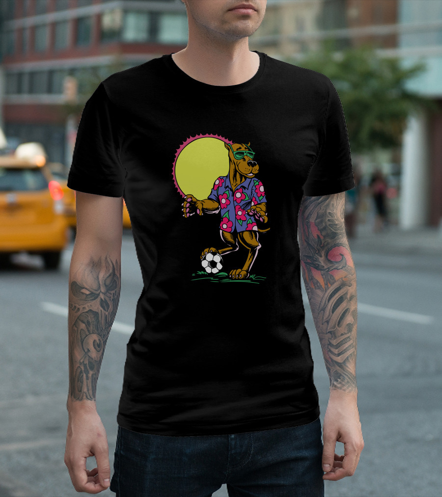 Football Dog In Hawaiian Shirt With Sunglasses And Soccer Ball T-Shirt