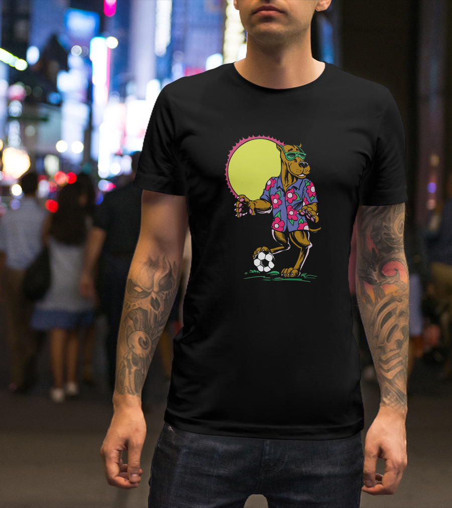 Football Dog In Hawaiian Shirt With Sunglasses And Soccer Ball T-Shirt