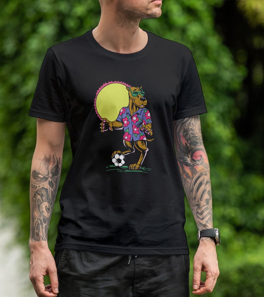 Football Dog In Hawaiian Shirt With Sunglasses And Soccer Ball T-Shirt