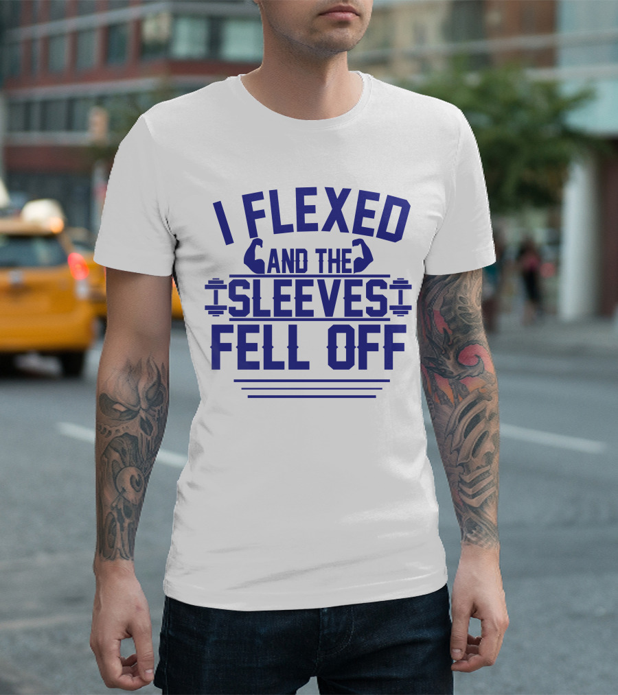 I Flexed And The Sleeves Fell Off Text with Dumbbells and Flexing Arm Motifs T-Shirt