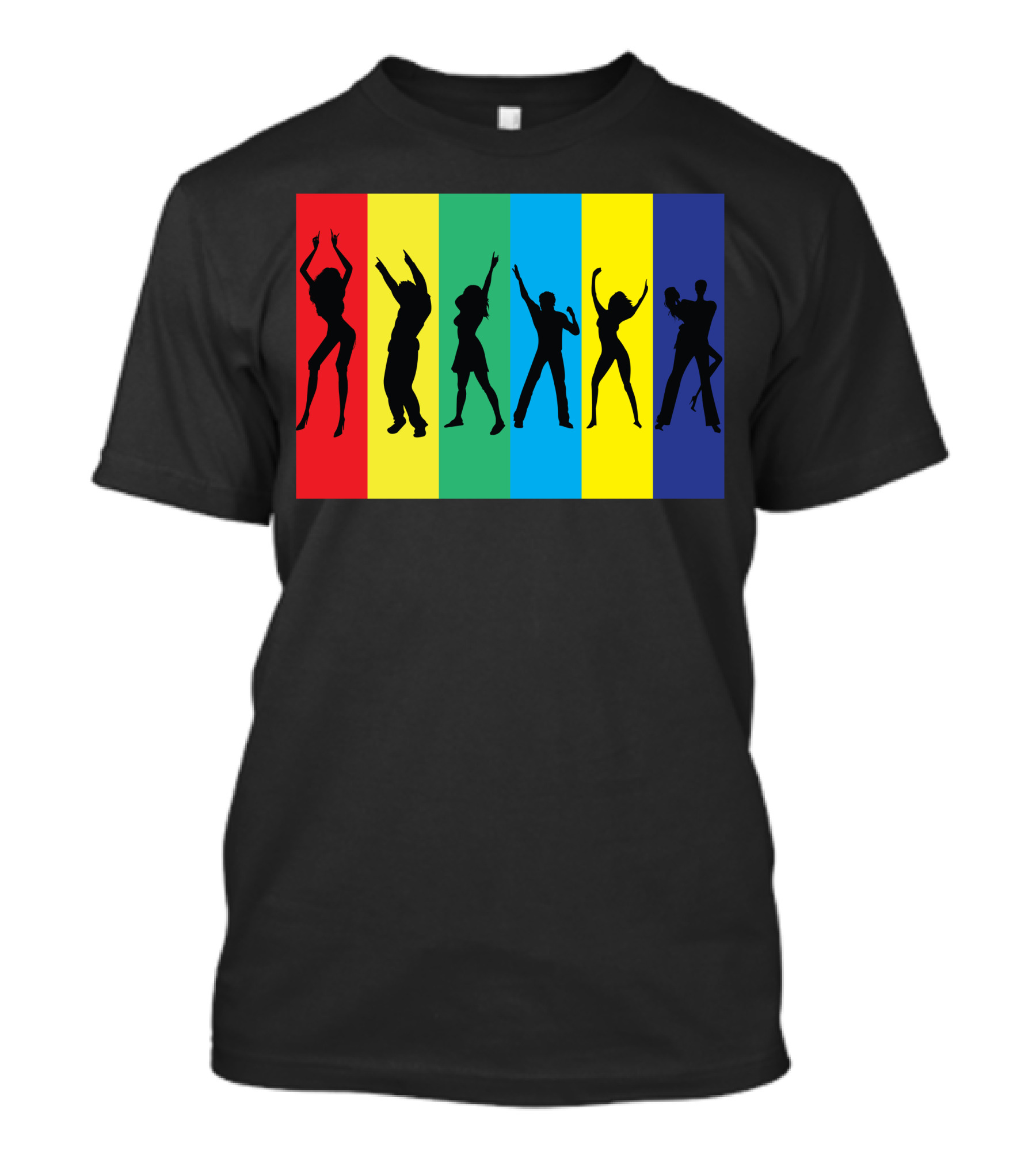 Rainbow Club Dancing Silhouettes On Striped Colorful Background T-Shirt