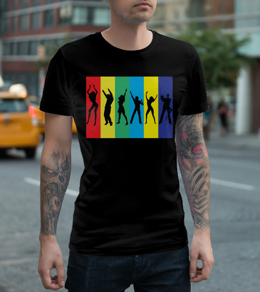 Rainbow Club Dancing Silhouettes On Striped Colorful Background T-Shirt