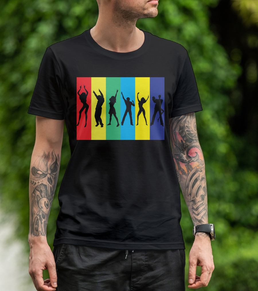 Rainbow Club Dancing Silhouettes On Striped Colorful Background T-Shirt