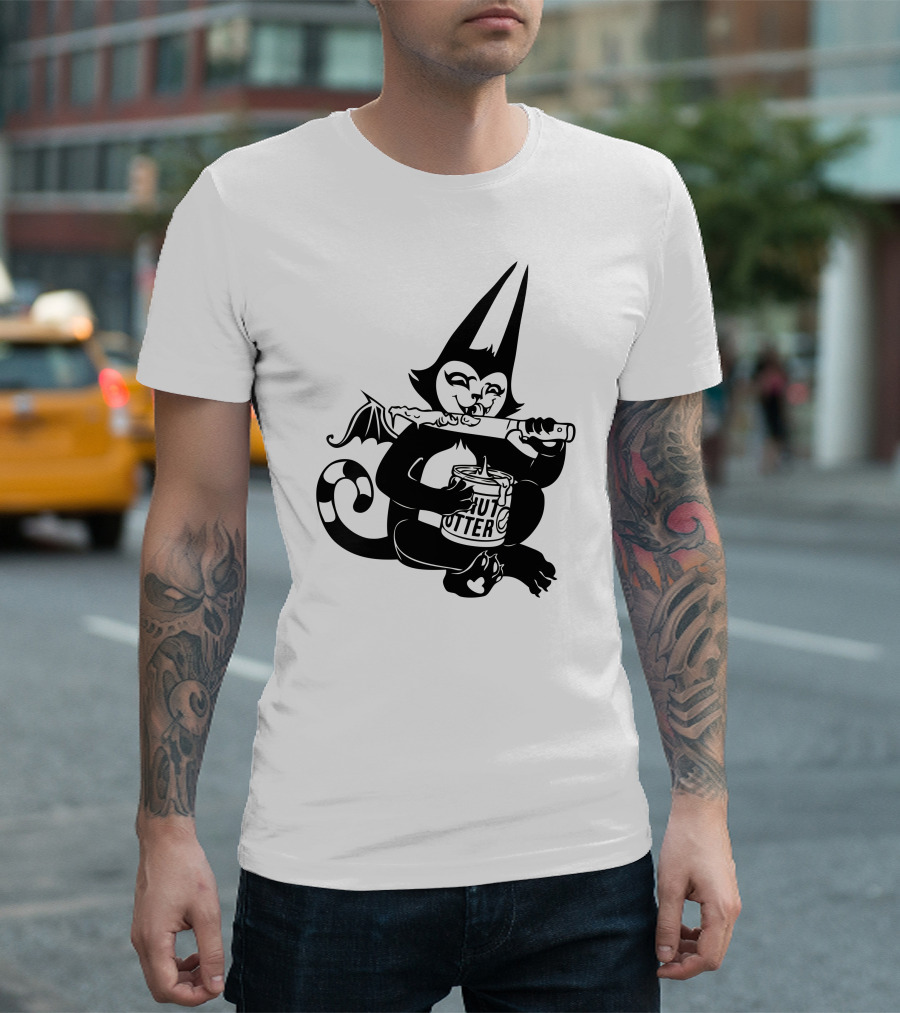 Bat Cat Eating Peanut Butter in Dark T-Shirt