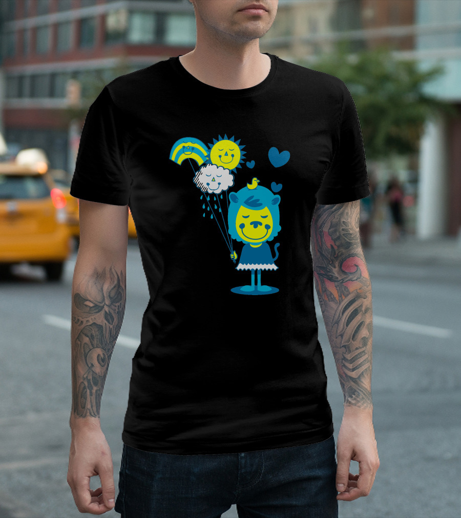 Brighter Day Happy Sun Smiling Rainbow Cloudy Raindrops Hearts Lion Girl Umbrella Balloons T-Shirt
