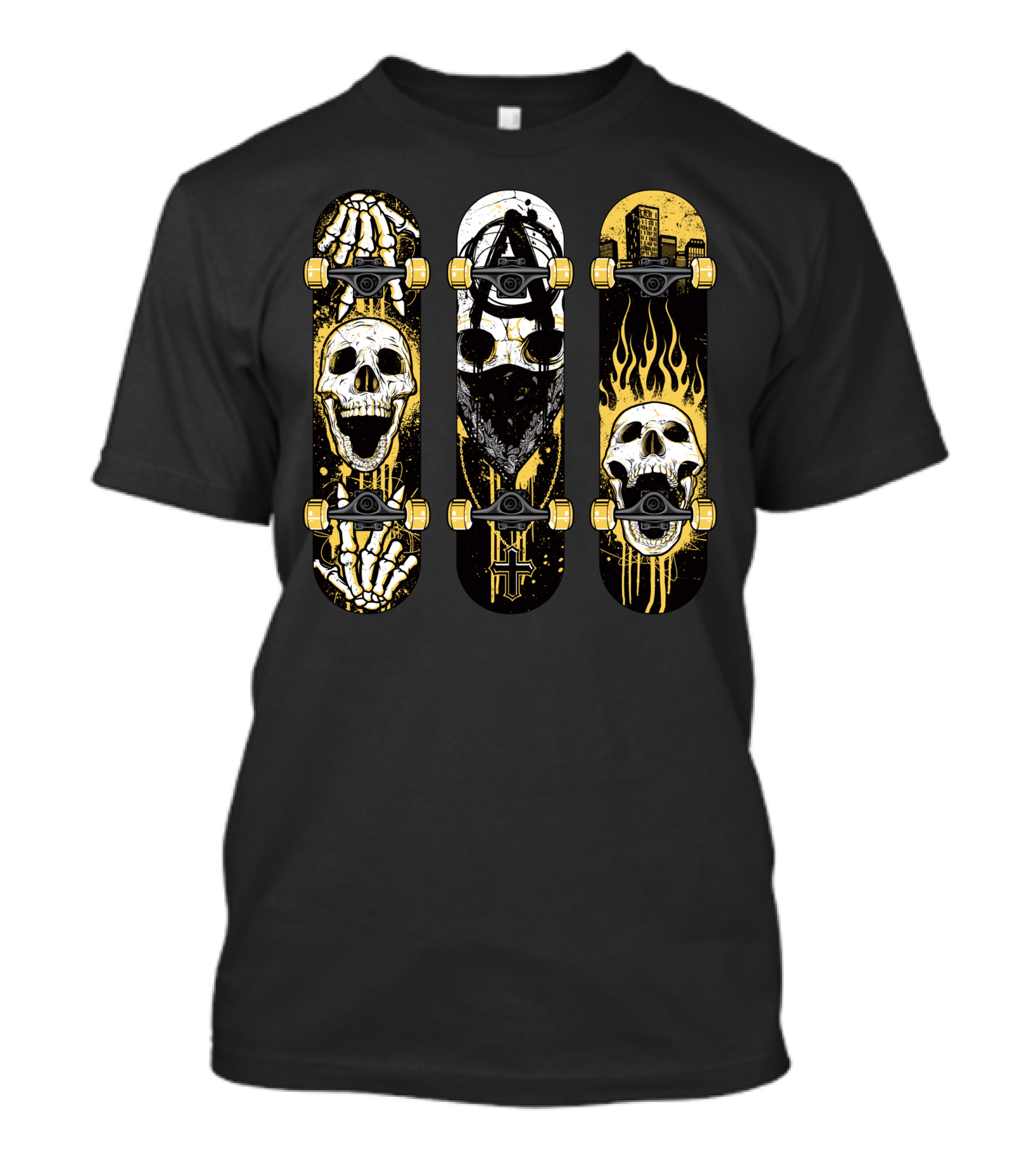 Skateboards With Skeleton And Flames Skull T-Shirt